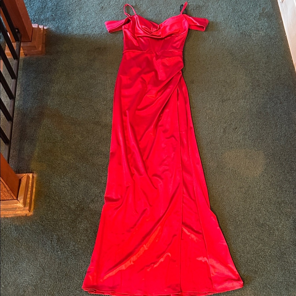 B Darlin Red Satin Off-Shoulder Spaghetti Strap Maxi Dress